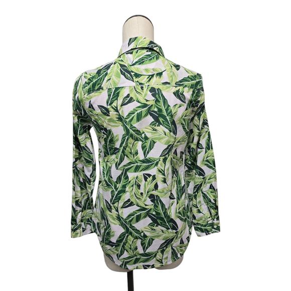 J McLaughlin Lois Shirt Women Sz Small Green Palm Tropical Leaf Vacation‎ Resort - Picture 2 of 9